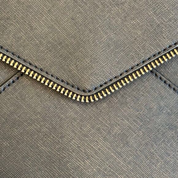 Rebecca Minkoff Leo Envelope Zip Clutch Bag Black Safiano Faux Leather Gold Trim - Picture 7 of 13